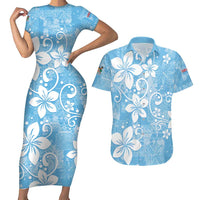 Fiji Tapa Pattern Couples Matching Short Sleeve Bodycon Dress and Hawaiian Shirt Plumeria Floral LT01 Blue - Polynesian Pride