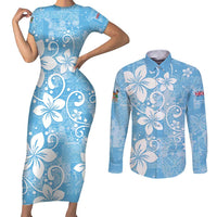 Fiji Tapa Pattern Couples Matching Short Sleeve Bodycon Dress and Long Sleeve Button Shirt Plumeria Floral LT01 Blue - Polynesian Pride