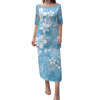 Fiji Tapa Pattern Family Matching Puletasi and Hawaiian Shirt Plumeria Floral LT01 Mom's Dress Blue - Polynesian Pride