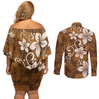 Plumeria Floral Tapa Pattern Vintage Gold Couples Matching Off Shoulder Short Dress and Long Sleeve Button Shirt LT01 - Polynesian Pride