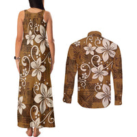 Plumeria Floral Tapa Pattern Vintage Gold Couples Matching Tank Maxi Dress and Long Sleeve Button Shirt LT01 - Polynesian Pride