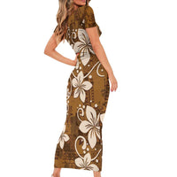 Plumeria Floral Tapa Pattern Vintage Gold Short Sleeve Bodycon Dress LT01 - Polynesian Pride