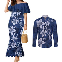 Plumeria Floral Tapa Pattern Navy Blue Couples Matching Mermaid Dress and Long Sleeve Button Shirt LT01 Blue - Polynesian Pride