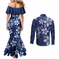 Plumeria Floral Tapa Pattern Navy Blue Couples Matching Mermaid Dress and Long Sleeve Button Shirt LT01 - Polynesian Pride