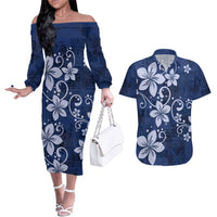 Plumeria Floral Tapa Pattern Navy Blue Couples Matching Off The Shoulder Long Sleeve Dress and Hawaiian Shirt LT01 Blue - Polynesian Pride