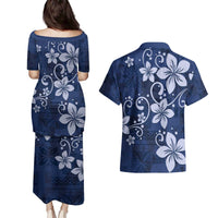 Plumeria Floral Tapa Pattern Navy Blue Couples Matching Puletasi and Hawaiian Shirt LT01 - Polynesian Pride
