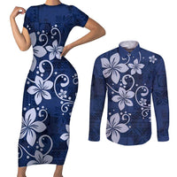 Plumeria Floral Tapa Pattern Navy Blue Couples Matching Short Sleeve Bodycon Dress and Long Sleeve Button Shirt LT01 Blue - Polynesian Pride