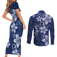 Plumeria Floral Tapa Pattern Navy Blue Couples Matching Short Sleeve Bodycon Dress and Long Sleeve Button Shirt LT01 - Polynesian Pride