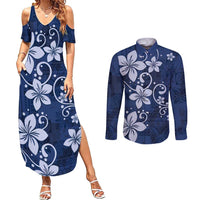 Plumeria Floral Tapa Pattern Navy Blue Couples Matching Summer Maxi Dress and Long Sleeve Button Shirt LT01 Blue - Polynesian Pride
