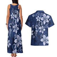 Plumeria Floral Tapa Pattern Navy Blue Couples Matching Tank Maxi Dress and Hawaiian Shirt LT01 - Polynesian Pride