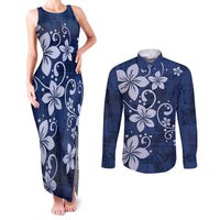 Plumeria Floral Tapa Pattern Navy Blue Couples Matching Tank Maxi Dress and Long Sleeve Button Shirt LT01 Blue - Polynesian Pride