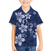 Plumeria Floral Tapa Pattern Navy Blue Family Matching Tank Maxi Dress and Hawaiian Shirt