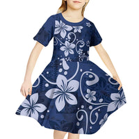 Plumeria Floral Tapa Pattern Navy Blue Kid Short Sleeve Dress