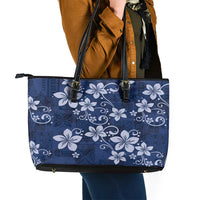 Plumeria Floral Tapa Pattern Navy Blue Leather Tote Bag LT01 - Polynesian Pride