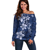 Plumeria Floral Tapa Pattern Navy Blue Off Shoulder Sweater