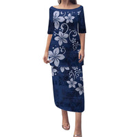 Plumeria Floral Tapa Pattern Navy Blue Puletasi LT01 Long Dress Blue - Polynesian Pride