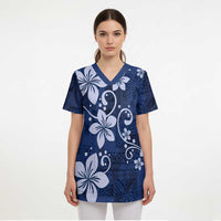 Plumeria Floral Tapa Pattern Navy Blue Scrub Top LT01 - Polynesian Pride