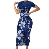 Plumeria Floral Tapa Pattern Navy Blue Short Sleeve Bodycon Dress LT01 Long Dress Blue - Polynesian Pride