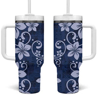 Plumeria Floral Tapa Pattern Navy Blue Tumbler With Handle LT01 One Size: 40 oz Blue - Polynesian Pride