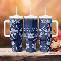 Plumeria Floral Tapa Pattern Navy Blue Tumbler With Handle LT01 - Polynesian Pride