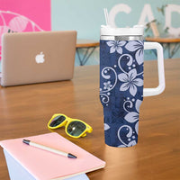 Plumeria Floral Tapa Pattern Navy Blue Tumbler With Handle LT01 - Polynesian Pride