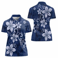 Plumeria Floral Tapa Pattern Navy Blue Women Polo Shirt