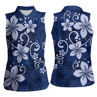 Plumeria Floral Tapa Pattern Navy Blue Women Sleeveless Polo Shirt