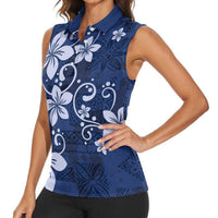 Plumeria Floral Tapa Pattern Navy Blue Women Sleeveless Polo Shirt