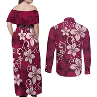 Plumeria Floral Tapa Pattern Ruby Pink Couples Matching Off Shoulder Maxi Dress and Long Sleeve Button Shirt LT01 - Polynesian Pride