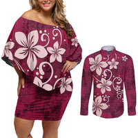 Plumeria Floral Tapa Pattern Ruby Pink Couples Matching Off Shoulder Short Dress and Long Sleeve Button Shirt LT01 Pink - Polynesian Pride