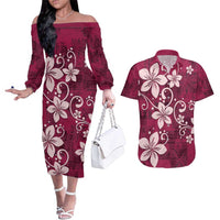 Plumeria Floral Tapa Pattern Ruby Pink Couples Matching Off The Shoulder Long Sleeve Dress and Hawaiian Shirt LT01 Pink - Polynesian Pride