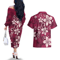 Plumeria Floral Tapa Pattern Ruby Pink Couples Matching Off The Shoulder Long Sleeve Dress and Hawaiian Shirt LT01 - Polynesian Pride