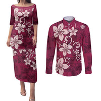 Plumeria Floral Tapa Pattern Ruby Pink Couples Matching Puletasi and Long Sleeve Button Shirt LT01 Pink - Polynesian Pride