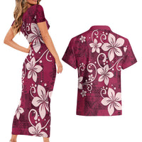 Plumeria Floral Tapa Pattern Ruby Pink Couples Matching Short Sleeve Bodycon Dress and Hawaiian Shirt LT01 - Polynesian Pride