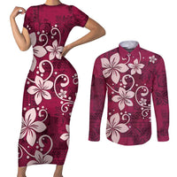 Plumeria Floral Tapa Pattern Ruby Pink Couples Matching Short Sleeve Bodycon Dress and Long Sleeve Button Shirt LT01 Pink - Polynesian Pride