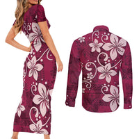 Plumeria Floral Tapa Pattern Ruby Pink Couples Matching Short Sleeve Bodycon Dress and Long Sleeve Button Shirt LT01 - Polynesian Pride