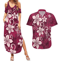 Plumeria Floral Tapa Pattern Ruby Pink Couples Matching Summer Maxi Dress and Hawaiian Shirt LT01 Pink - Polynesian Pride