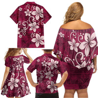 Plumeria Floral Tapa Pattern Ruby Pink Family Matching Off Shoulder Short Dress and Hawaiian Shirt LT01 - Polynesian Pride