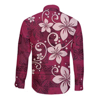 Plumeria Floral Tapa Pattern Ruby Pink Long Sleeve Button Shirt