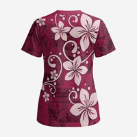 Plumeria Floral Tapa Pattern Ruby Pink Scrub Top LT01 - Polynesian Pride