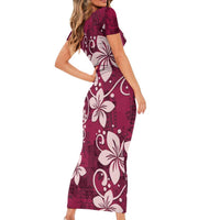 Plumeria Floral Tapa Pattern Ruby Pink Short Sleeve Bodycon Dress LT01 - Polynesian Pride