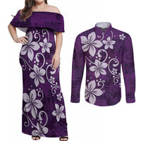 Plumeria Floral Tapa Pattern Amethyst Purple Couples Matching Off Shoulder Maxi Dress and Long Sleeve Button Shirt LT01 Purple - Polynesian Pride