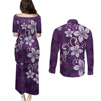 Plumeria Floral Tapa Pattern Amethyst Purple Couples Matching Puletasi and Long Sleeve Button Shirt LT01 - Polynesian Pride