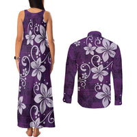 Plumeria Floral Tapa Pattern Amethyst Purple Couples Matching Tank Maxi Dress and Long Sleeve Button Shirt LT01 - Polynesian Pride