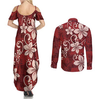 Plumeria Floral Tapa Pattern Oxblood Red Couples Matching Summer Maxi Dress and Long Sleeve Button Shirt LT01 - Polynesian Pride