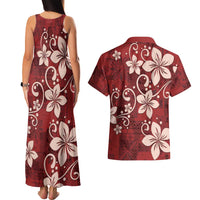 Plumeria Floral Tapa Pattern Oxblood Red Couples Matching Tank Maxi Dress and Hawaiian Shirt
