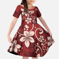 Plumeria Floral Tapa Pattern Oxblood Red Kid Short Sleeve Dress