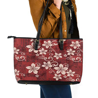 Plumeria Floral Tapa Pattern Oxblood Red Leather Tote Bag LT01 - Polynesian Pride