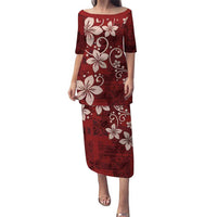 Plumeria Floral Tapa Pattern Oxblood Red Puletasi LT01 Long Dress Red - Polynesian Pride