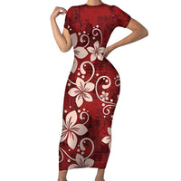 Plumeria Floral Tapa Pattern Oxblood Red Short Sleeve Bodycon Dress LT01 Long Dress Red - Polynesian Pride